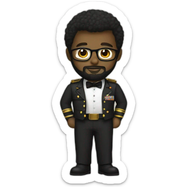 black soldier with beard, part in hair, white collared shirt, bow tie, gold glasses, bulletproof vest  sticker