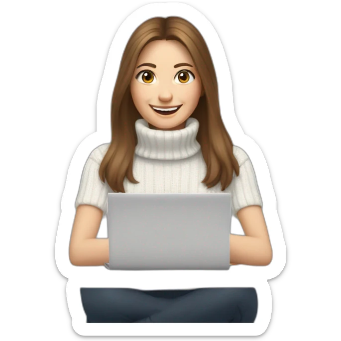 smiling without showing teeth woman with pale skin middle brown long straight hair with a laptop and a coffee mug wearing a white woolly shirt with a turtle neck sticker