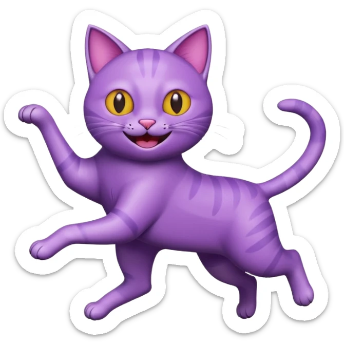 funny purple cat jumping after a fly more thin cat, more stylised cat less realistic sticker