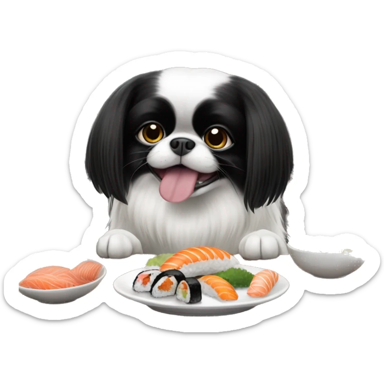 Black and white-colored Japanese Chin dog eating sushi at a restaurant  sticker