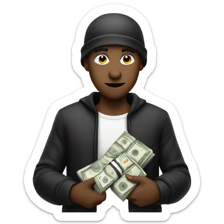 Robber wearing white and black clothes and holding a bag full of money sticker