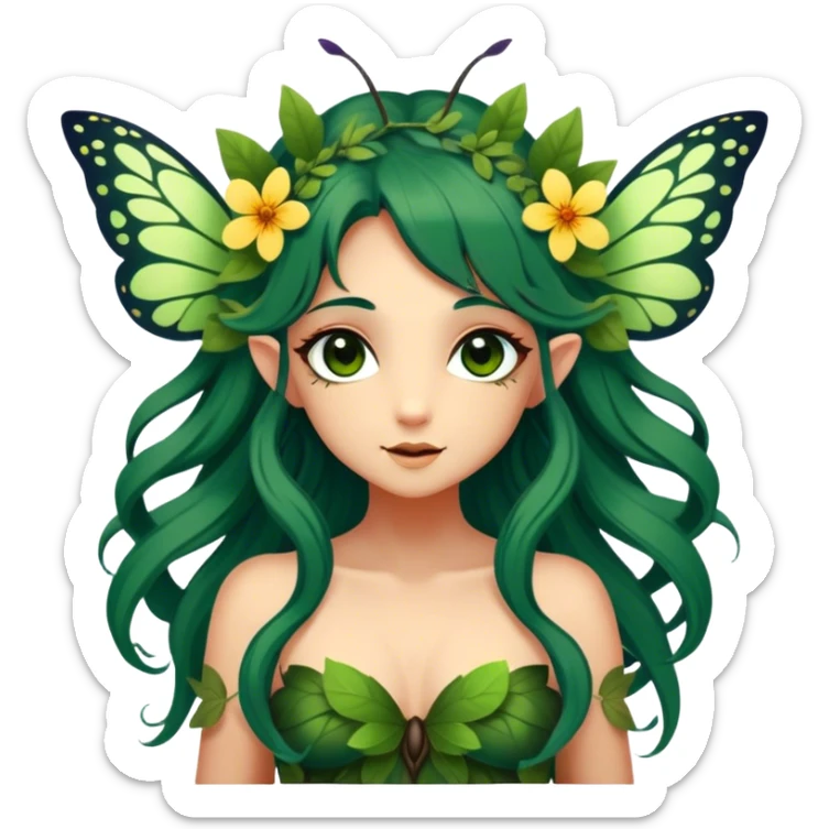 Cinematic Realistic Forest Nymph Fairy Portrait, head tilted playfully and inquisitively, showcasing a nature-inspired form with intricately detailed, sunlit tanned skin and cascading dark green hair interlaced with leaves and blossoms showing her large butterfly wings from her back. Her bright, curious eyes sparkle with forest mischief, rendered with lifelike clarity and warm, dappled lighting that captures the spirit of an enchanting woodland fairy ready to dance among the trees. sticker