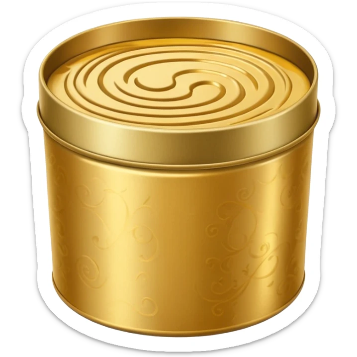 round metal tin, slightly open, with glossy golden wax inside, soft swirls on surface, no extras, soft lighting, subtle shadows, emoji scale sticker
