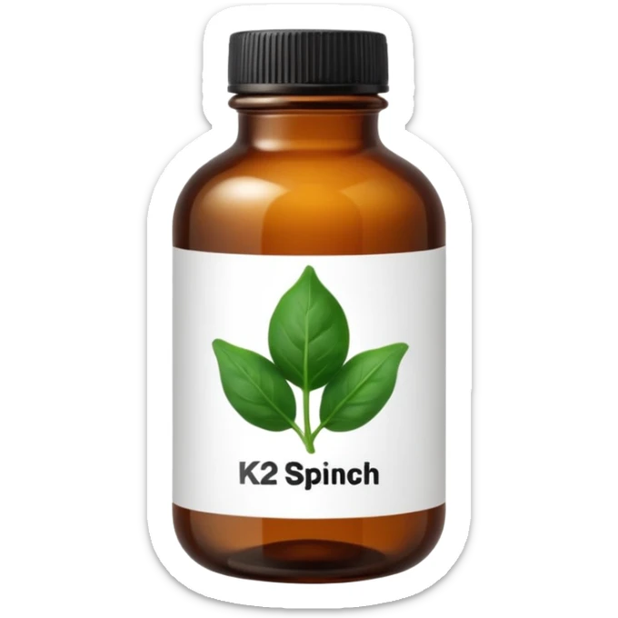 brown glass bottle of supplements with white label, black thin title K2 and small spinach emoji sticker