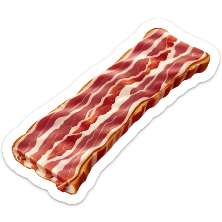 single strip of uncooked bacon, pinkish-red meat with creamy white fat marbling, soft and flexible, gentle curves, irregular edges, fresh and slightly glossy, soft lighting, subtle shadows, no plate or packaging, no faces, transparent background, emoji scale sticker