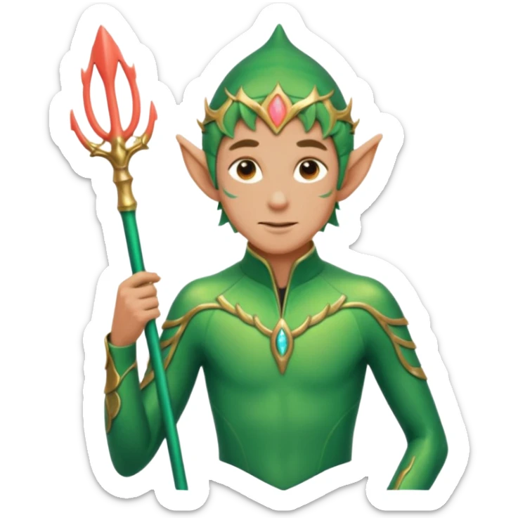 male elf in iridescent wetsuit, coral staff. Gills on neck legolas sticker