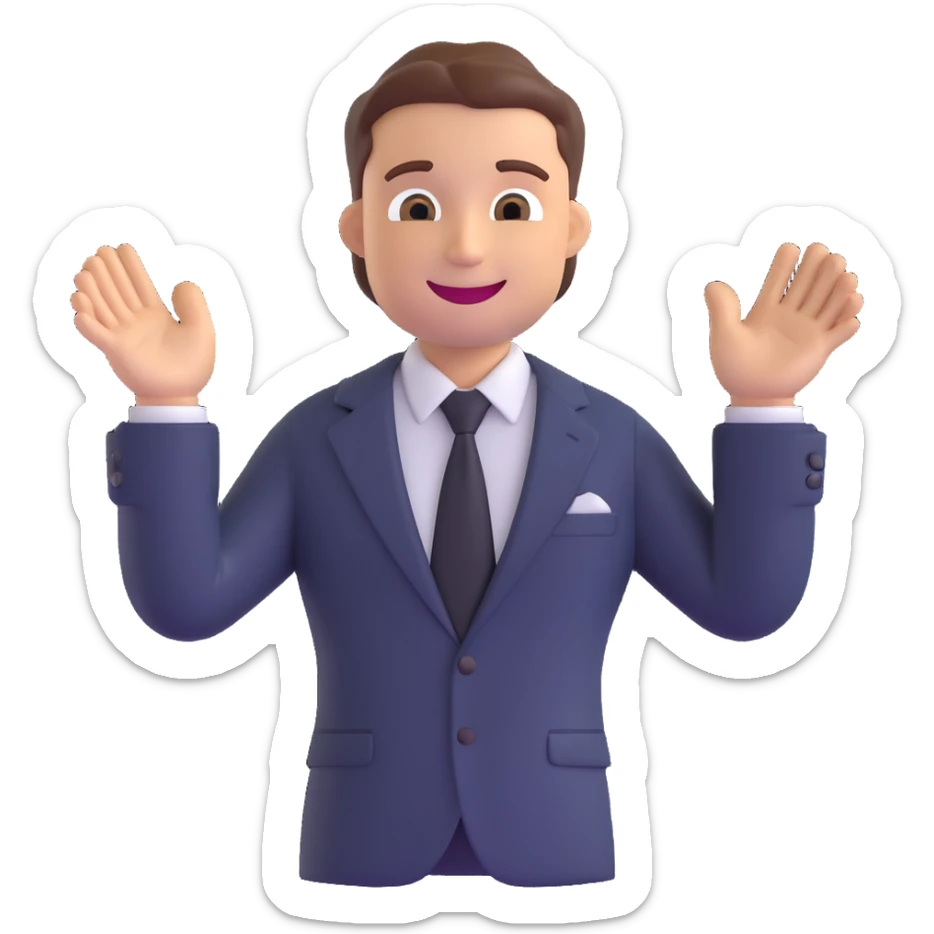 salesman emoji, smiling, wearing a tie, gesturing with one hand, business attire sticker