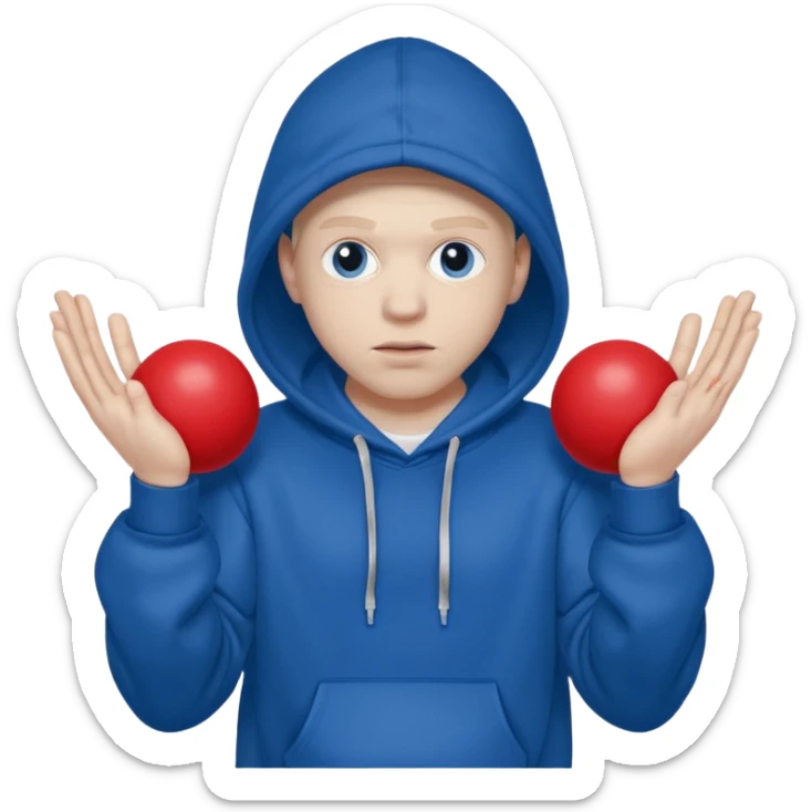 white rapper in a hoodie holding blue and red balls in opposite hands sticker