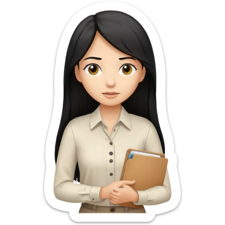 a light tan woman with long black hair past mid-back, round brown eyes, white button up v shirt, and manila folder in her hands. sticker