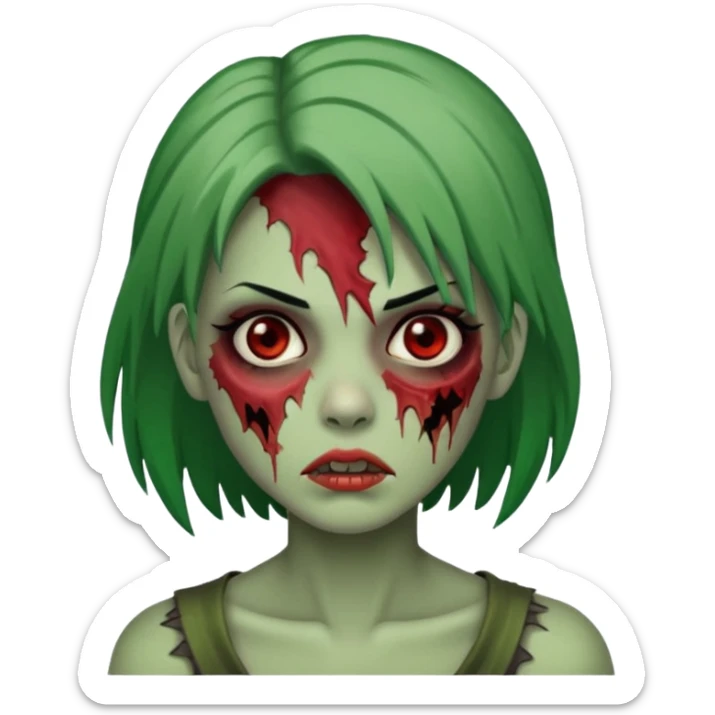 zumbi feminino com cortes no rosto, olhos baixos e vermelhos, cabelo preto e verde sticker