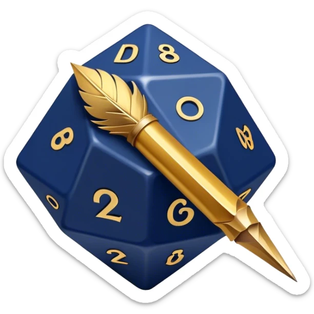 A golden quill crossing with a d20 that has no marks or numbers
Color: Gold and deep navy blue sticker