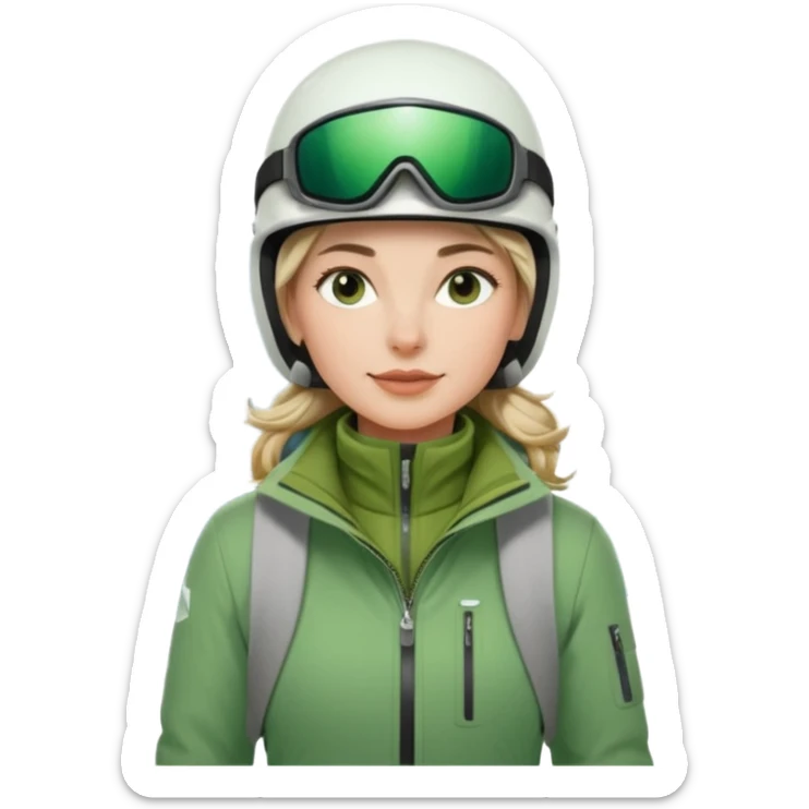 Woman, skiing, White helmet, Green Jacket, green trousers, background Matterhorn sticker