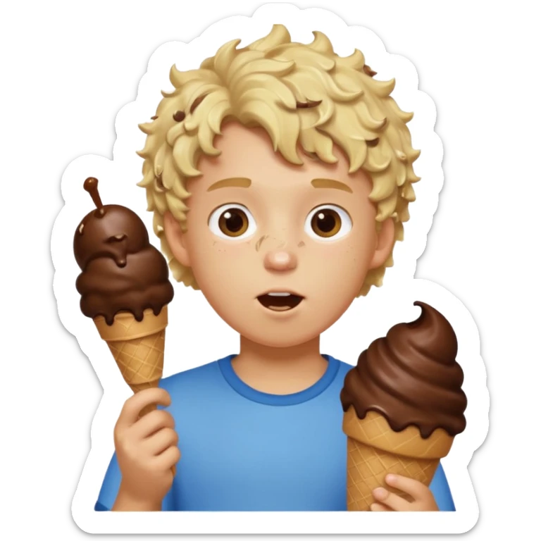boy blonde curly hair, chef, eating big chocolate ice cream sticker