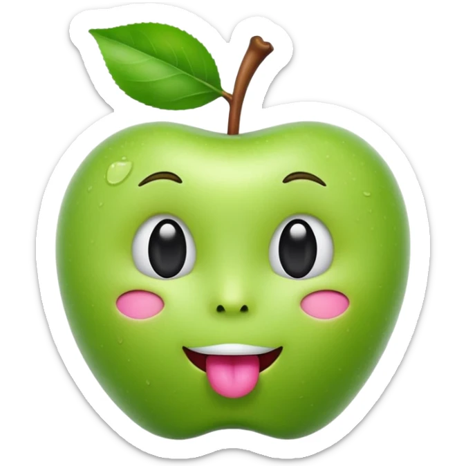 3D iOS-style emoji of a green apple with a cute human face: glossy, soft shading, big black eyes, tiny nose, open mouth with tongue, stem and leaf on top, white background sticker