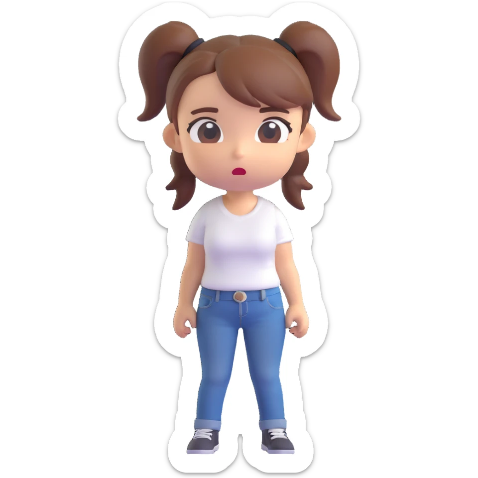 3D chibi-style woman with ponytail, white t-shirt, jeans, confused face sticker