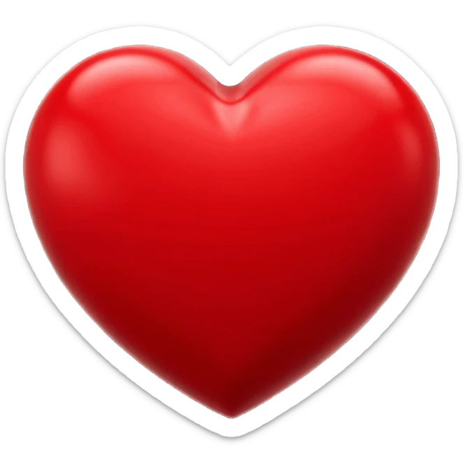 Un icono 3D de un corazón rojo brillante, estilo minimalista y moderno, textura suave y plástica (estilo claymorphism), iluminación de estudio con reflejos suaves, renderizado hiperrealista en alta resolución (8k), sobre un fondo de color sólido y contrastante sticker