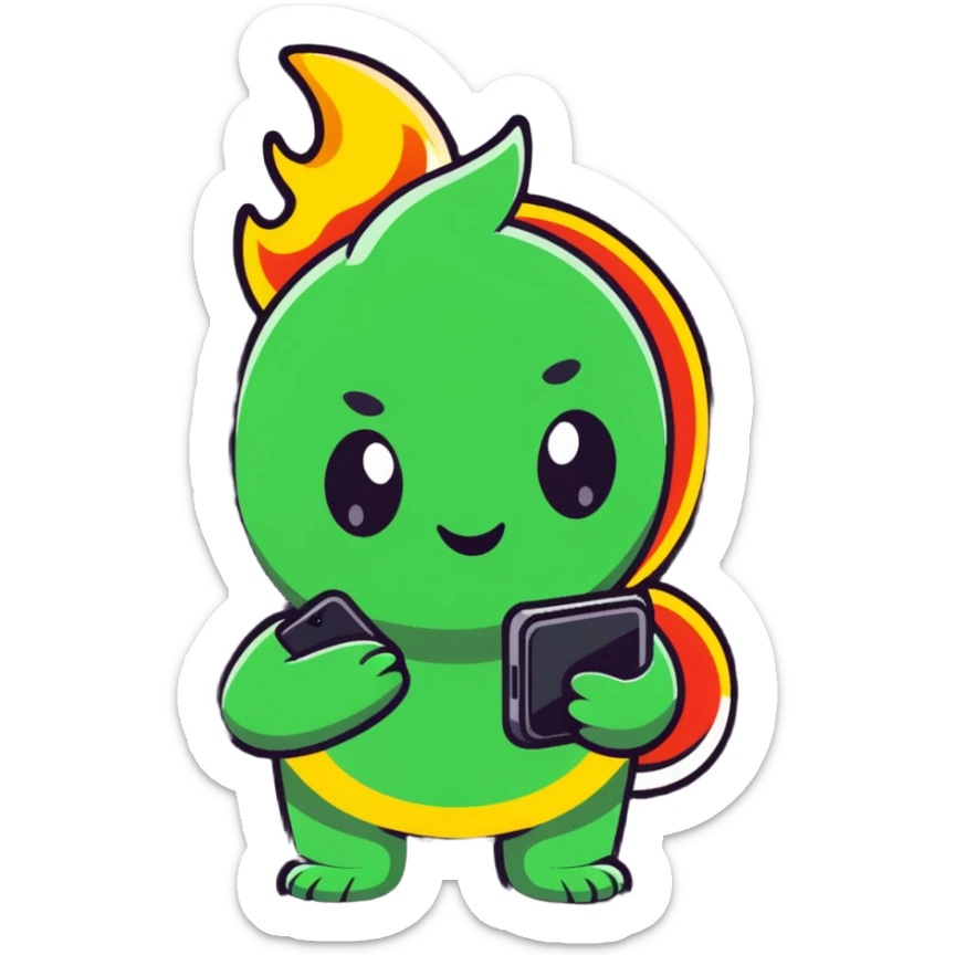Adorable battle royale character celebrating a victory, with a smartphone showing Free Fire game, surrounded by small stars and flames sticker