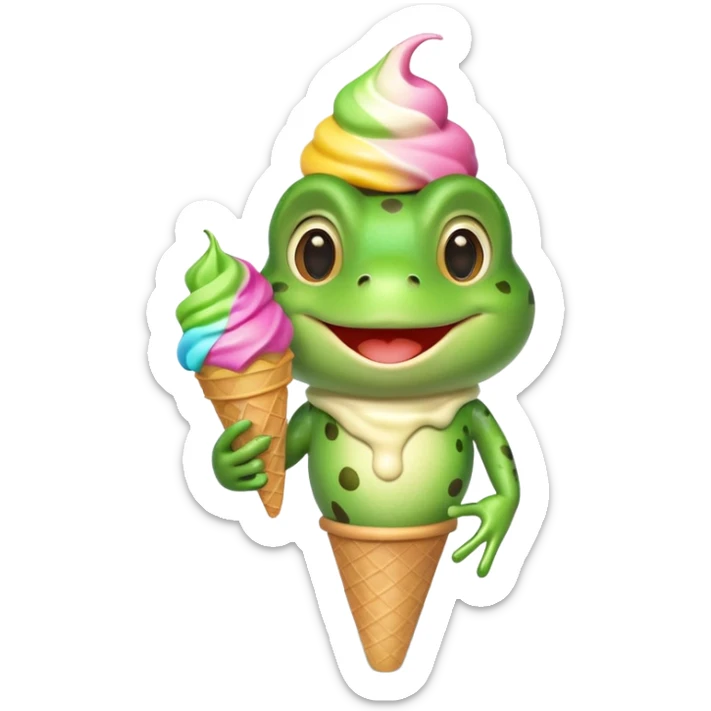 cute frog eating ice cream, happy face, holding a colorful ice cream cone, 3D cartoon, mobile game icon style, bright colors, soft shadows, clean background, no text, no watermark
 sticker