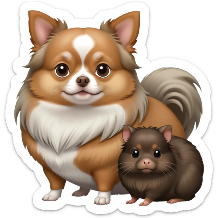 Light gray long haired Chihuahua, fat long haired short dog with brown face and fat brown and black guinea pig together  sticker