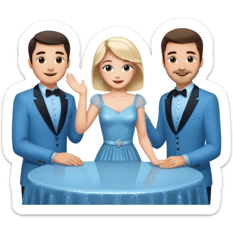 Sabrina’s carpenter in a light blue sparkly dress at a table with 3 handsome men facing each other and she is standing up putting her hand out  sticker