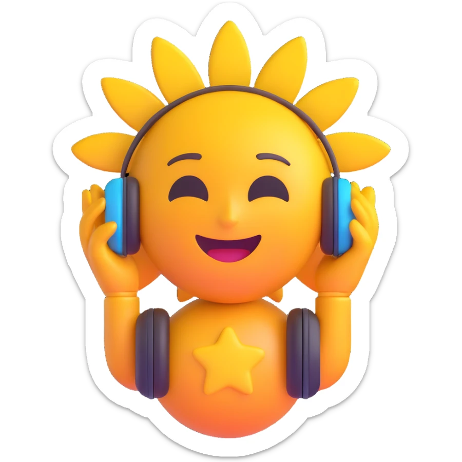 Add headphones to the sun DJ in 3D emoji style with no background. sticker