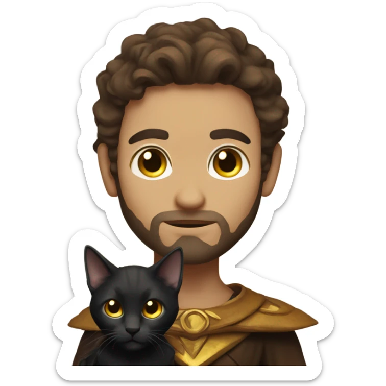 A sun warlock who is pale with brown hair and is holding a black kitten sticker