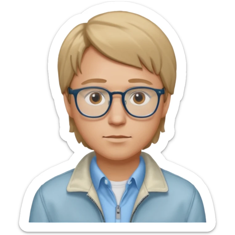Brian Lackey from Mysterious Skin with brown eyes, dark blonde hair, light blue shirt, ivory jacket, glasses sticker