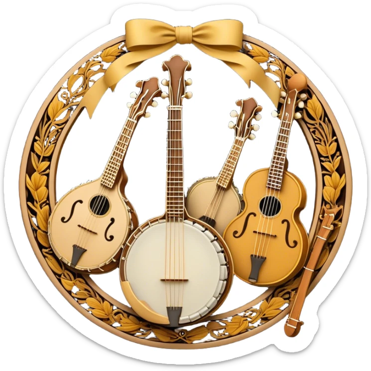 Design a sophisticated and festive emblem-like emoji representing plucked and stringed instruments. The layout should resemble a heraldic crest, featuring iconic instruments like a banjo, mandolin, domra, and sitar, artistically arranged in an elegant and symmetrical way. The necks of the instruments should be intertwined with a flowing ribbon of musical notes, winding around the strings and fretboards. The design should be detailed, showcasing the intricate carvings on the instruments, visible strings, and fret markers. Use a rich color palette with deep golds, browns, and vibrant accents to evoke a sense of luxury and celebration. The musical notes should appear to float around the instruments, connecting them in a graceful, dynamic way. Include ornate flourishes or decorative elements like laurels, swirls, or subtle engravings to give the image a professional, emblematic appearance. The background should be transparent. sticker