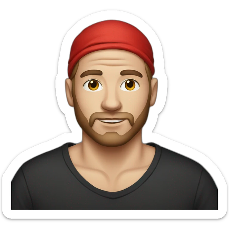 white man with tattoos in a black T-shirt and a red bandana sticker