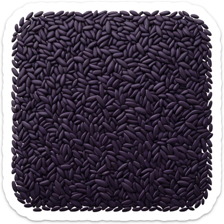 loose scatter of uncooked black rice grains, glossy elongated shape, deep purplish-black color, smooth slightly curved surface, subtle natural variations in tone, soft lighting, subtle shadows, emoji scale sticker