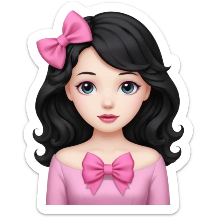 black hair with wavy long hair and pink clothes coquette vibes, a bow sticker