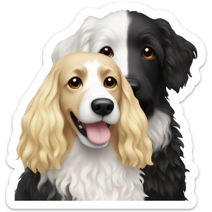 white woman with long blonde hair alongside a black and white colored bernadoodle dog  sticker