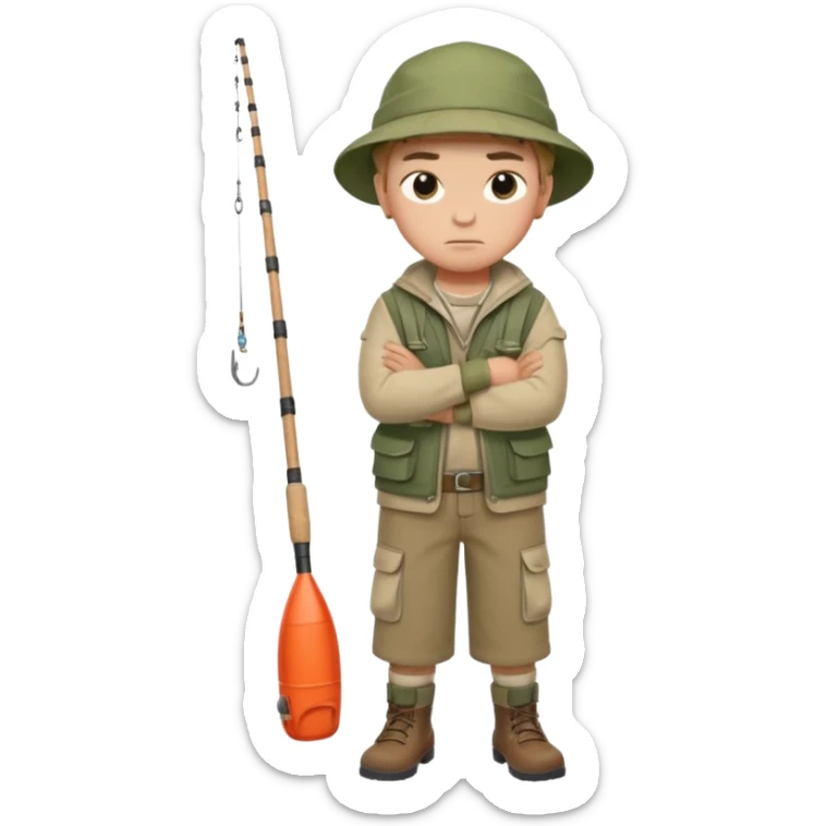 A boy with crossed arms, looking annoyed, dressed in fishing clothes full body sticker