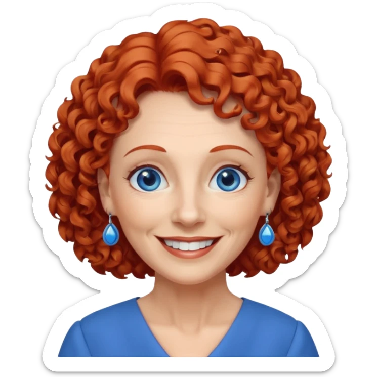 una profesora mayor simpática con el pelo rojo rizado, ojos azules, vestido azul y pendientes azules hablando altura completa sonriendo con los dientes sticker