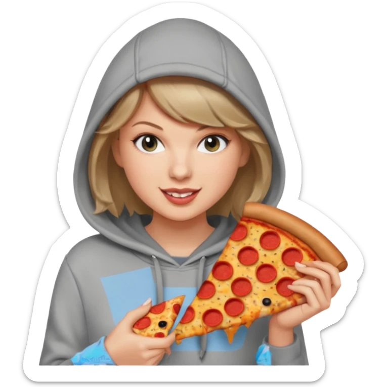 Taylor Swift, wearing hoodie, holding a slice of pizza





































 sticker