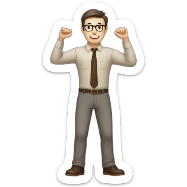 To belt Actively gesturing with hands Pale skinned fit man with dark brown hair in gray jacket, beige office shirt, brown tie, brown pants and vintage glasses. sticker
