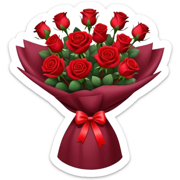 Bouquet of red roses in a burgundy package sticker