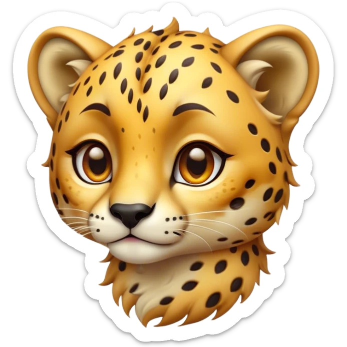 Cinematic Cute Cheetah Portrait Emoji, Head tilted playfully and inquisitively, featuring a glossy, golden spotted Fur with a natural sheen, round, sparkling amber eyes filled with curious mischief, Simplified yet irresistibly adorable features, highly detailed, glowing with a warm, friendly glow, high shine, affectionate and agile, stylized with a touch of savannah whimsy, bright and endearing, soft glowing outline, capturing the essence of a mischievous yet loving cheetah, so playful it feels like it could dash out of the screen and into your arms! sticker