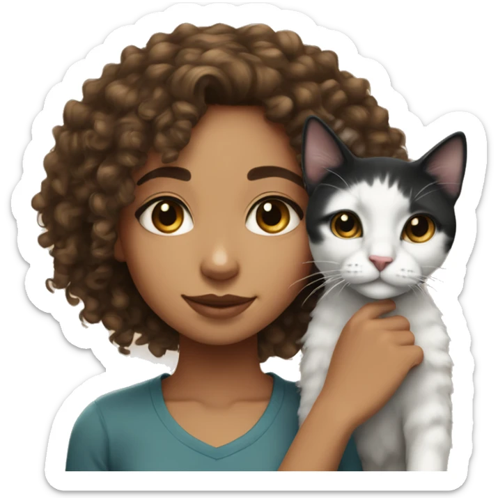 Lightskin girl with curly hair with a black and white cat  sticker