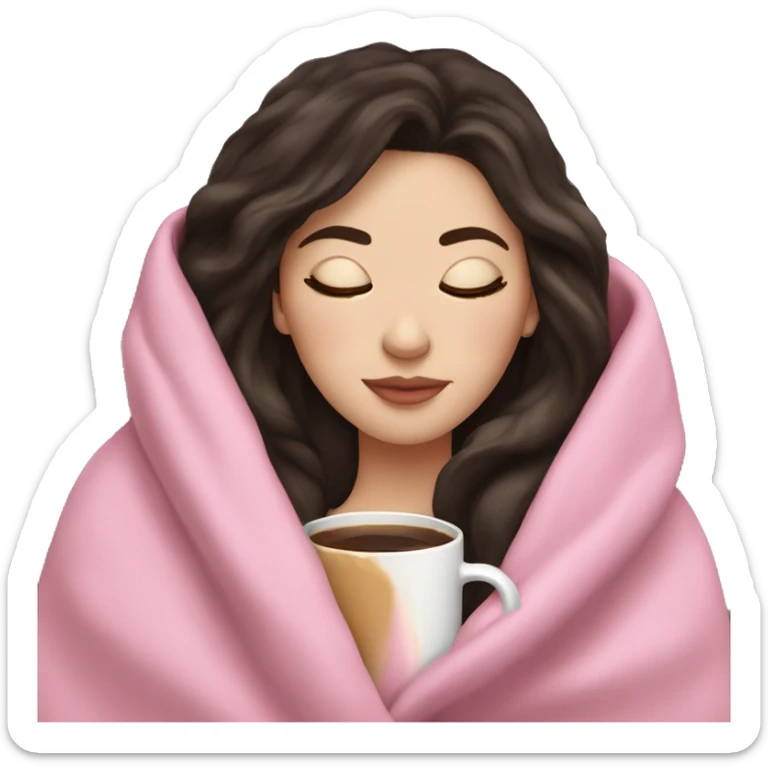 white girl dark hair inside a pink blanket sipping coffee eyes closed sticker