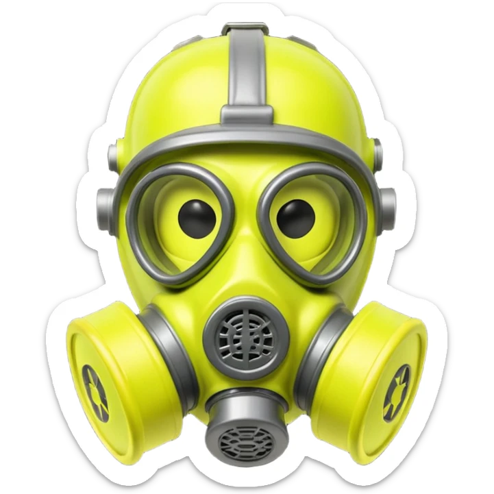 3D render of Gas Mask, toxic waste aesthetic, neon green bubbling liquid, caution yellow metal, industrial warning texture, Apple emoji style, isolated on white background --v 6.0 sticker
