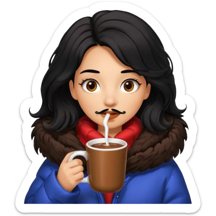 Tanned Girl with lashes , black hair, in an extremely big fluffy oversized jacket, and drinking hot chocolate drink sticker