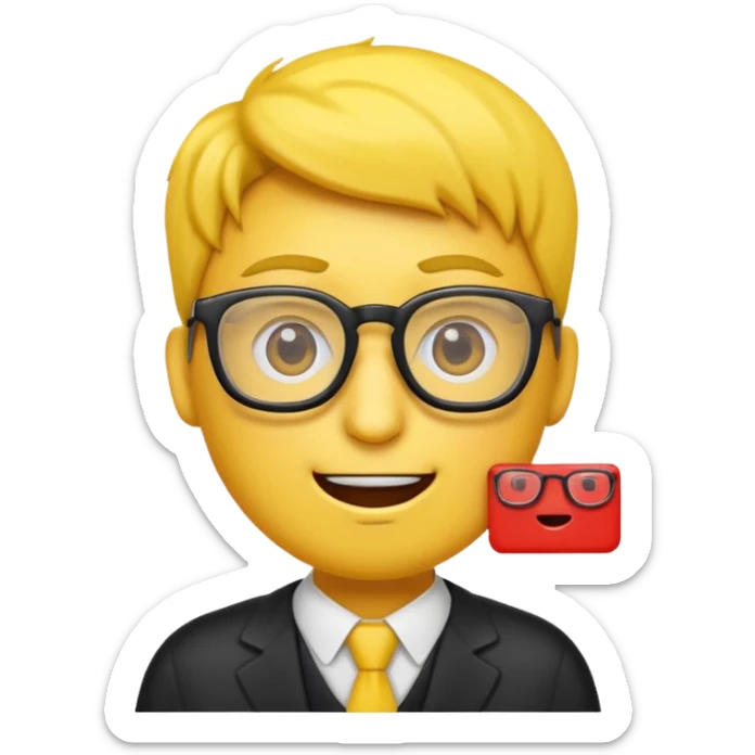 Créer un emoji nerd le perso doit être une tête basique d'emoji jaune avec une grosse paire de lunettes rectangulaires noires 3 boutons sur chaque joue et une dent qui dépasse  sticker