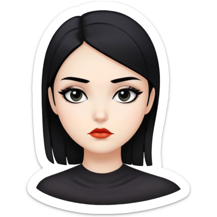 Uma garota séria, com cabelo preto, rosto fino e maquiagem preta, com personalidade. sticker