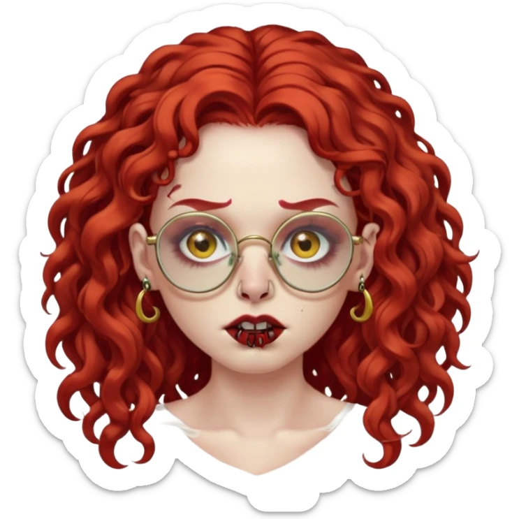 zombie with long red curly hair, thick lashes, black glasses, gold nose piercings on each nostril, and a gold eyebrow piercing. sticker