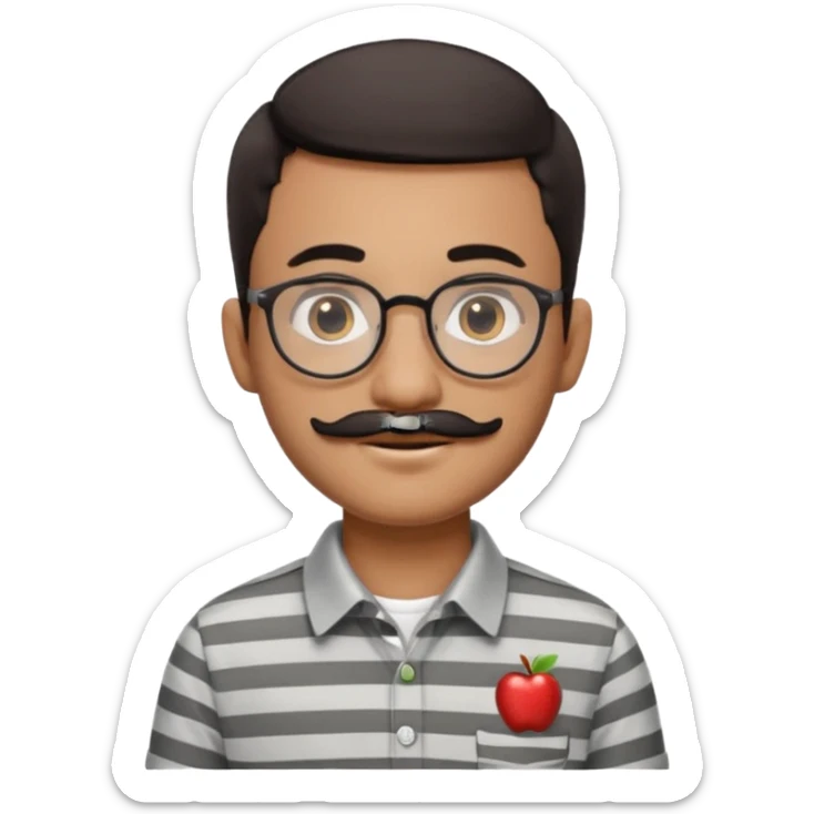 young Pakistani shopkeeper, short dark hair, round eyeglasses, thick black mustache, light grey striped shirt with collar, cheerful and welcoming, Apple emoji style, clean and detailed, no background sticker