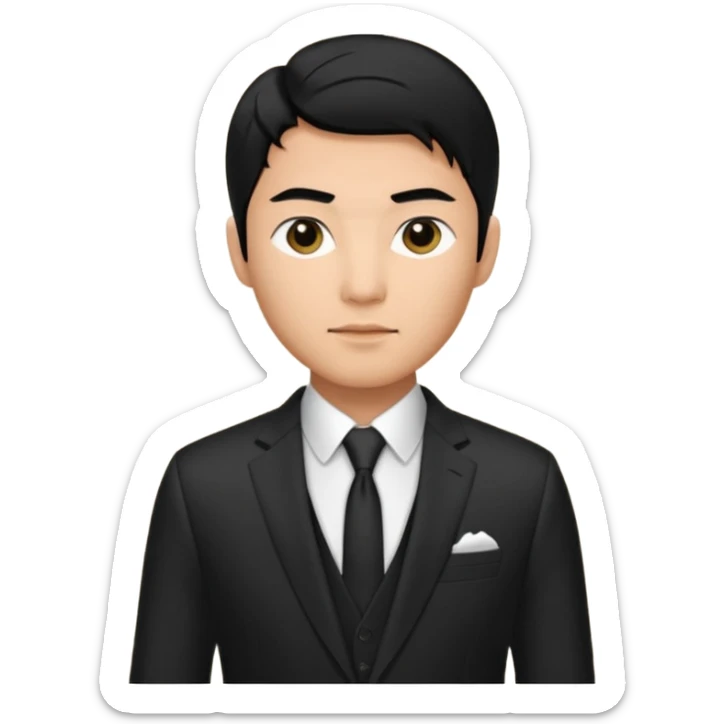 Asian man, black hair, dark eyes, wearing a designer black suit sticker