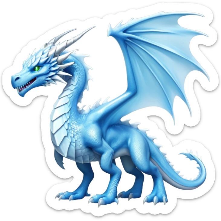 Cinematic Noble Fierce Ice Dragon full body Emoji, Poised and imposing, distinct long elegant snout, with a slender, scaled body shimmering in glacial hues of icy blue, frostbitten silver, and crystalline white, breathing out frost, with piercing, glowing eyes that radiate the chilling depths of an arctic storm; rendered in detail. displaying its wings sticker