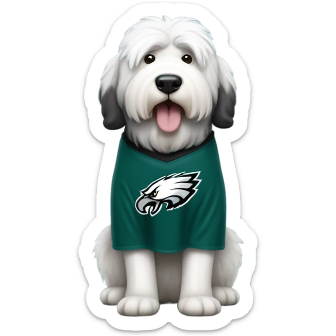 Old English Sheepdog full height wearing a Philadelphia Eagles shirt sticker