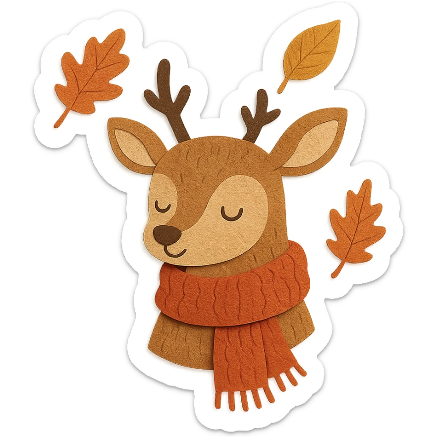 deer in a wooly scarf among falling leaves, cozy fall palette, paper-craft style sticker